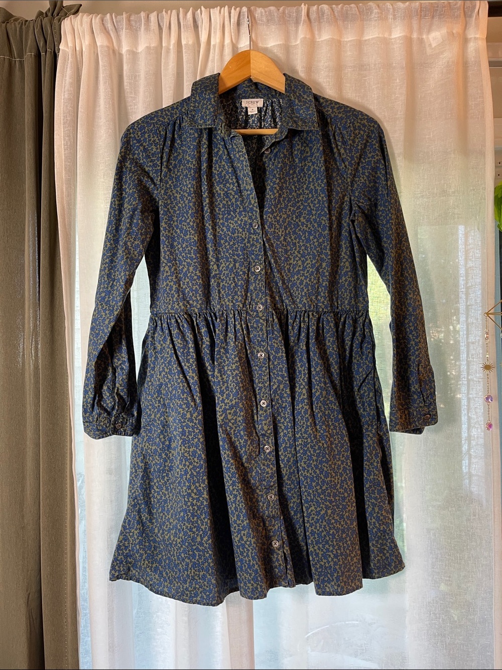 J. Crew Blue Floral Shirt Dress on Olive Ground